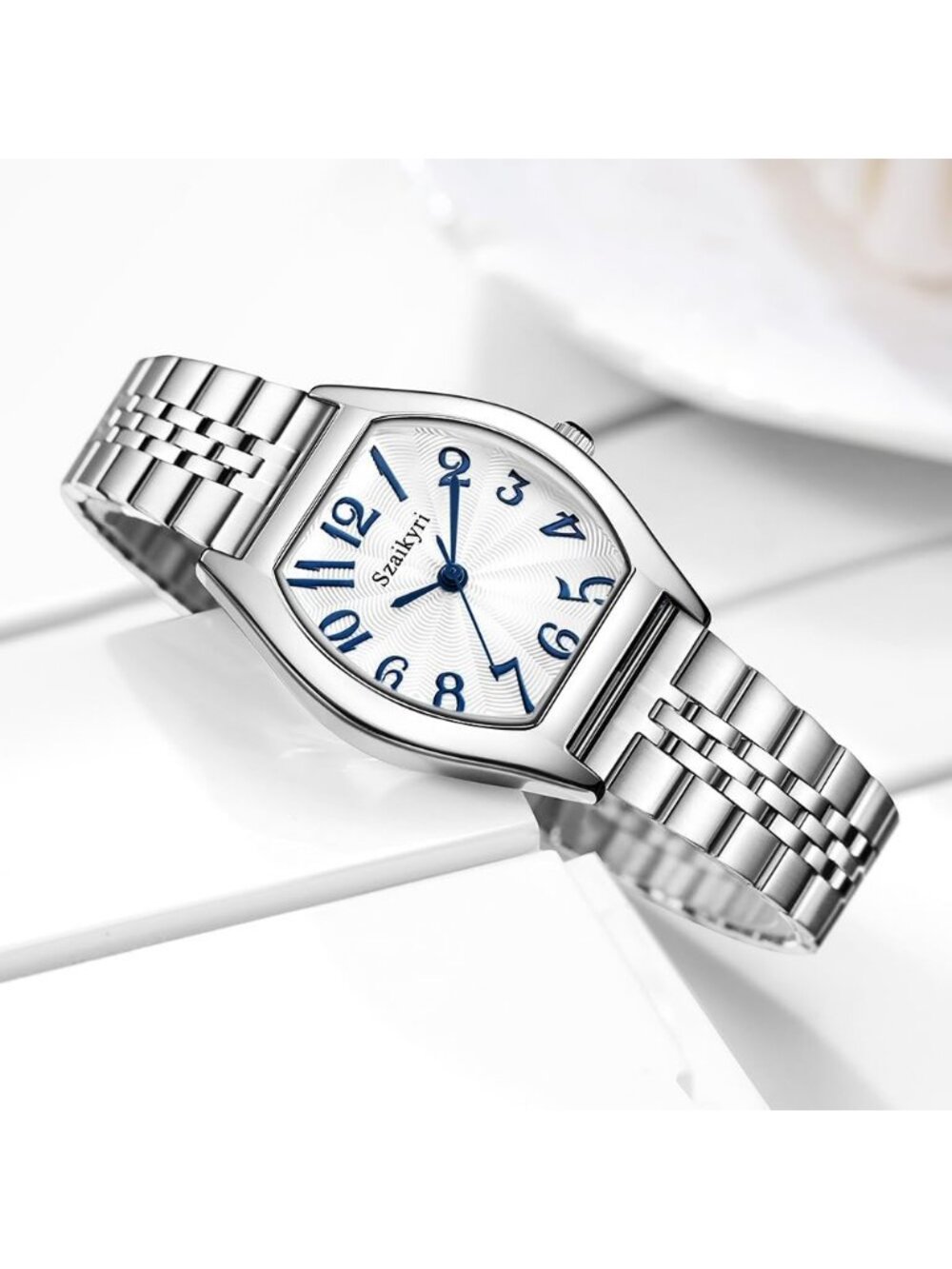 Women's Silver-Blue Barrel-Shaped Easy Read Arabic Numerals Dress wrist Watch - Picture 4 of 6